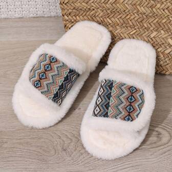 Neue Damen Hausschuhe, flache Schlüpf-Hausschuhe mit gestickter Kunstfell-Optik, geeignet für alle Jahreszeiten