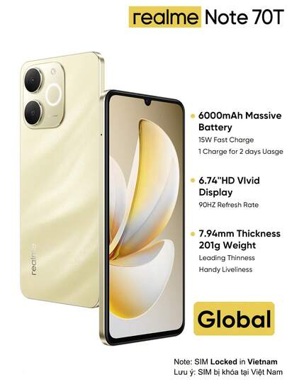 Realme Note 70T 智能手机 4GB+64GB/4GB+128GB/4GB+256GB 全球版 4G LTE，Android 15 系统，无锁手机，6000mAh 大电池，5000 万像素 AI 摄像头，90Hz 屏幕，支持 15W 快充，8 核芯片，不含适配器，不支持东南亚 SIM 卡。