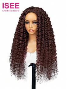 ISEE 红棕色预造型水波纹半假发，三合一无胶假发，真人发无缝翻转式，新手友好，佩戴方便，抽绳夹式真人发，黑色，14-28 英寸