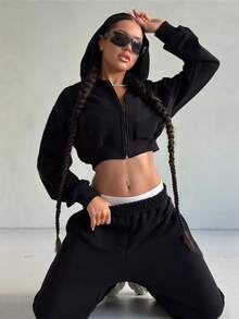 Cropped Hoodie Set 2 Piece - Long Sleeve Zip Up With Shorts, Y2K Casual Outfit Streetwear - 黑色 - 查看 2