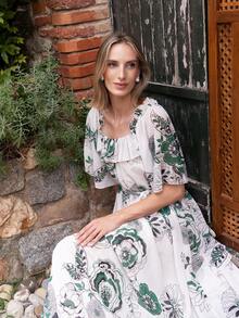 Faeriesty 印花雪纺女士长款连衣裙，袖口、领口、肩部和不对称下摆均饰有荷叶边——优雅浪漫的装扮，适合花园婚礼、户外早午餐和夏季晚宴。春季派对必备 - 綠色 - 查看 9