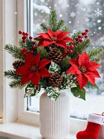 1pc-Silk Poinsettias Artificial Christmas Flowers Fake Poinsetta Red Artificial Flowers Xmas Flowers Arrangements Mixed Pine Branches Pine Cones Berries Picks Stems For Cemetery Wreath Centerpiece