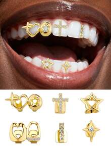 6 Pcs Tooth Grillz Golden For Your Teeth Punk Single Grills For Men Women Hip Hop Rapper Accessories ﻿ - Multicolor - View 1