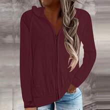Plus Size Women's Solid Color Ribbed Zipper Drawstring Casual Sweatshirt, Loose Knit Long Sleeve Sweatshirt Top, European And American Autumn/Winter New Arrival - Burgundy - View 6