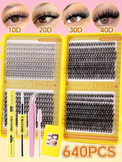 640簇假睫毛套装，10-16毫米混合长度，10D-100D DIY簇状睫毛嫁接套装，包含胶水、刷子和镊子，自然放大双眼，可重复使用，适合派对、音乐和戏剧活动、旅行、节日等场合，是送给妈妈和女朋友的最佳圣诞礼物。