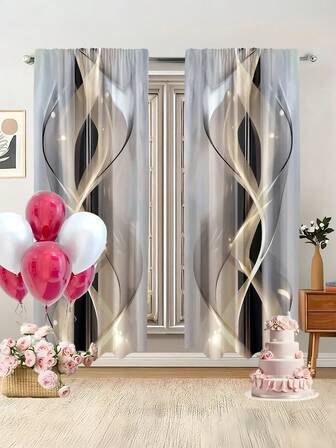 2pcs Modern Abstract Line Art Polyester Printed Curtains, Contemporary All Season Design, 100% Polyester, Light Filtering, Rod Pocket, Easy Hanging, Suitable For Kitchen, Laundry Room, Bedroom, Study, Living Room