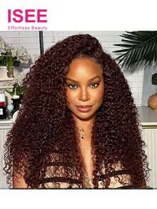 ISEE 红棕色预造型水波纹半假发，三合一无胶假发，真人发无缝翻转式，新手友好，佩戴方便，抽绳夹式真人发，黑色，14-28 英寸