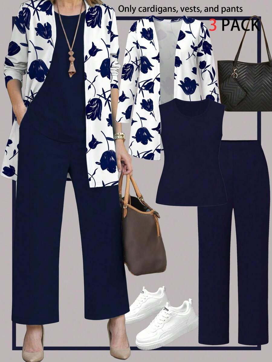 3 件大码女式休闲植物印花夹克开衫 + 圆领无袖上衣 + 松紧腰垂坠口袋直筒裤通勤套装，秋冬