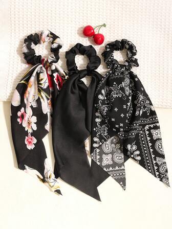 3件套黑色花卉印花发带、围巾、发圈套装 - 波西米亚风、休闲风、可爱风、优雅风、百搭风、涤纶材质、四季皆宜、发圈、发绳