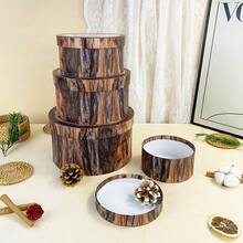 4件套圆形仿木纹嵌套礼盒套装，适用于婚礼、生日、节日等场合，手工礼品包装，派对收纳盒
