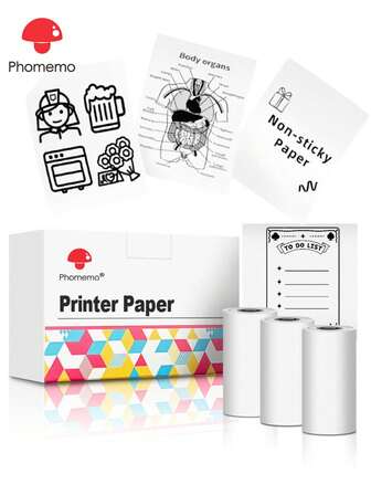  Phomemo Non-Sticky Thermal Paper, White Color,Printable Paper Label For Phomemo T02/M02X/M02L/Y02C/Q02/M02/M02 Pro/M02S/M03/M04S Mini Sticker Printer, 53mm X 6.5m Per Roll, Diameter 28mm, 3-Rolls, The Entire Continuous Paper Per Roll, Image Time 10 Years,Black On White