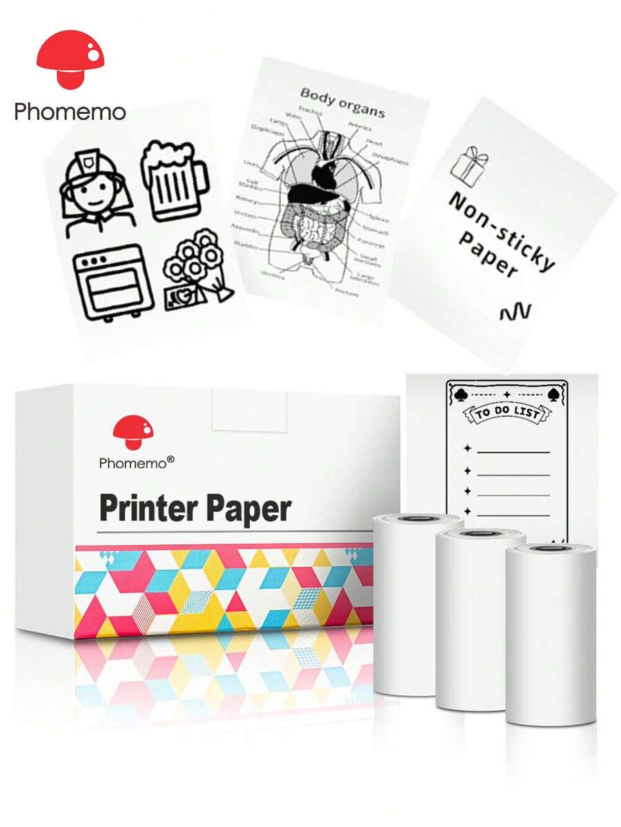 Phomemo不粘热敏纸，白色，可打印标签纸，适用于Phomemo T02/M02X/M02L/Y02C/Q02/M02/M02 Pro/M02S/M03/M04S迷你贴纸打印机，每卷53mm x 6.5m，直径28mm，3卷装，连续纸张，图像保存10年，黑底白字 - 白色 - 查看 1