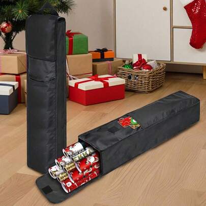 1pc Christmas Gift Wrapping Paper Storage Bag, 30-Inch Wrapping Paper Organizer, Black Oxford Cloth Wrapping Paper Storage Box With Pocket, Foldable Wrapping Paper Holder, Home Organization, Suitable For Mother's Day, Bridesmaid Gifts, Graduation Gifts, Birthday Gifts, Wedding Gifts