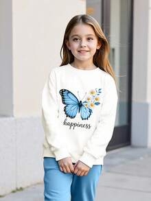 2pcs Girls Casual Butterfly & Daisy Letter Print Crew Neck Sweatshirt And Sweatpants Set, Comfortable And Fashionable For Spring/Autumn - Blue - View 5