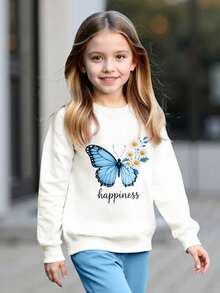 2pcs Girls Casual Butterfly & Daisy Letter Print Crew Neck Sweatshirt And Sweatpants Set, Comfortable And Fashionable For Spring/Autumn - Blue - View 4