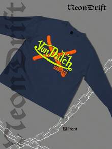 NeonDrift Double-Sided-Gifts For Christmas, Thanksgiving, And The 2026 New Year- Neon Skull Cross Long Sleeve T Shirt Bold Graphic Design Streetwear Style Urban Fashion Men Casual Wear  Hip Hop Outfit 1PC - 藏蓝色 - 查看 2