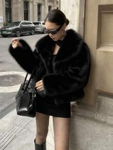 奢华复古时尚女士加厚保暖外套，带人造毛领，冬季外套，柔软绒毛 - 黑色 - 查看 1