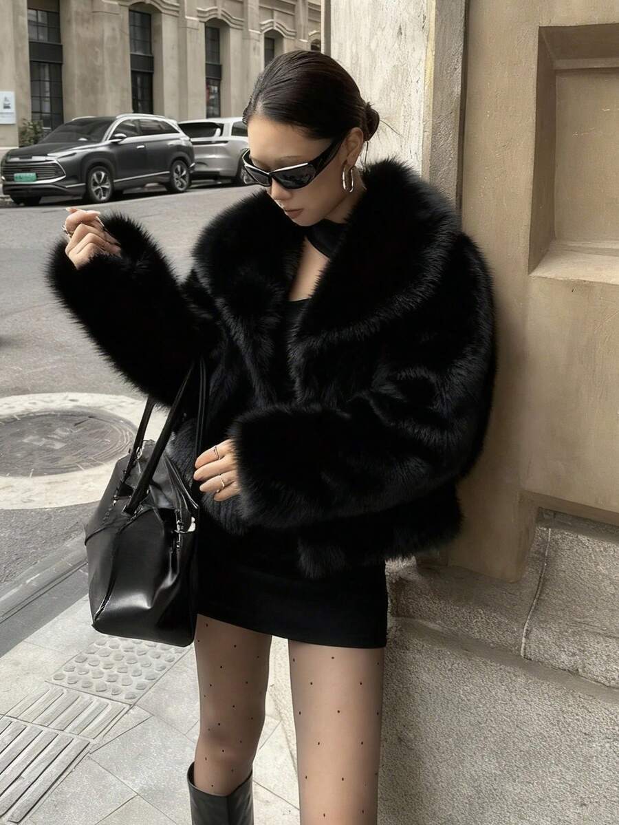 奢华复古时尚女士加厚保暖外套，带人造毛领，冬季外套，柔软绒毛 - 黑色 - 查看 1