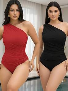 Two-Piece Set Of Women's Draped One-Shoulder Bodysuits - Black and Red - View 2