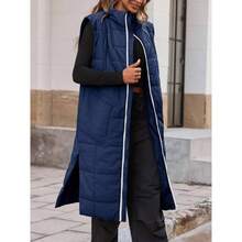 - Chaleco largo acolchado para mujer, ligero, sin mangas, para invierno, con abertura lateral, abrigos plegables - Azul marino + CH - Ver 5