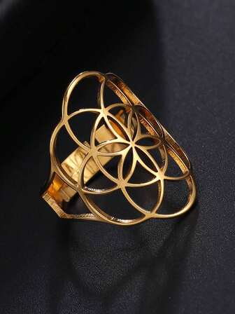 1pc Fashionable Stainless Steel Hollow Out Flower Decor Ring For Women For Daily Decoration Valentines,Mom,Mother,Mother's Day,Gift