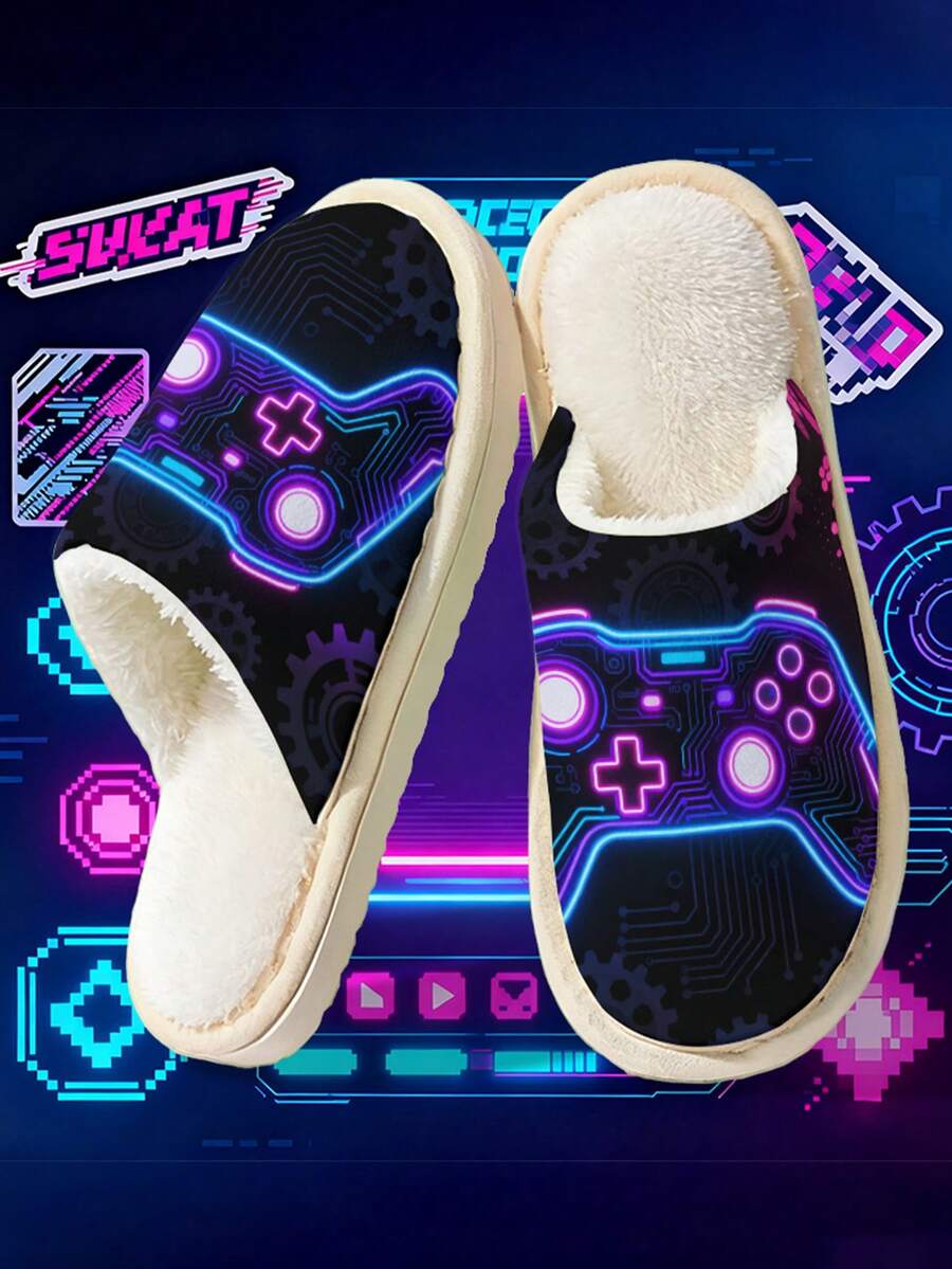 Pantuflas con diseño de control de videojuego, pantuflas de dormitorio cómodas, pantuflas ligeras para la casa, pantuflas casuales para interiores, pantuflas de mujer para la casa, pantuflas para parejas, pantuflas de moda - Negro - Ver 1