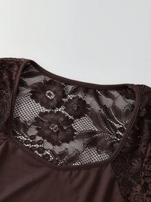 Women Lace Long Sleeve Shirt Top Y2K Square Neck Sheer Mesh See Through Silm Fit T Shirts Crop Tops Spring Fall  Going Out Tops Daily Party Club Streetwear - Cà phê nâu - Xem 6