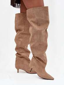 Elegant Slip-On Women's Boots On A Low Stiletto Heel With A Wide Shaft Ysolienne Synthetic Leather Black Brown Beige - Beige - View 7