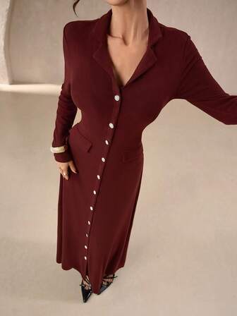 女士优雅通勤纯色长连衣裙 – 翻领、长袖、高腰、修身、A字版型、珍珠纽扣装饰、后背蝴蝶结，适合通勤和日常休闲穿着，新年特惠