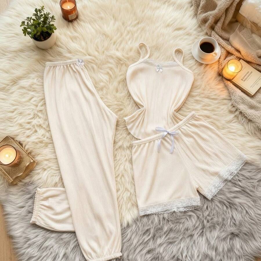Women's 3-Piece Trio Pajama Set: Tank Top, Shorts, And Pants. Comfortable Ribbed Fabric. - 白色 - 查看 1