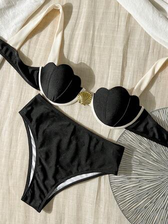 Bikinx Traje de baño de mujer elegante de verano con copas de concha, ribete de contraste y aro de acero de borde fino