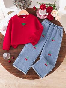 少女樱桃刺绣贴片保暖圆领卫衣和樱桃刺绣牛仔裤 - 紅色 - 查看 1