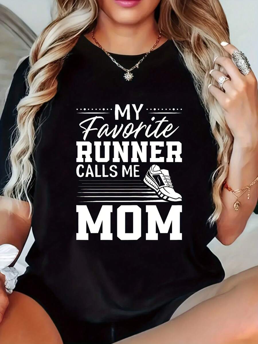 100% Cotton Women's "My Favorite Runner Calls Me Mom" Graphic T-Shirt - White Casual Short Sleeve Round Neck, With Running Shoe Design, Breathable Fabric, Machine Washable, Spring/Summer Regular Fit, Comfortable Daily Wear Fashion Design, Soft Fabric,  Loose Fit, Hip Hop Street Style, Unisex, Home Daily Wear - 黑色 - 查看 1
