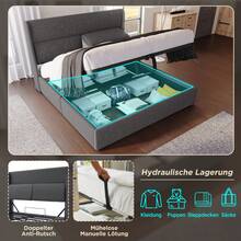 (=101198AAG) Upholstered Double Bed 140x200cm With Adjustable Headrests, Hydraulic Bed Frame With Storage, Linen Bed With Metal Slatted Base, Grey (With Mattress) - Gray + Linen - View 10