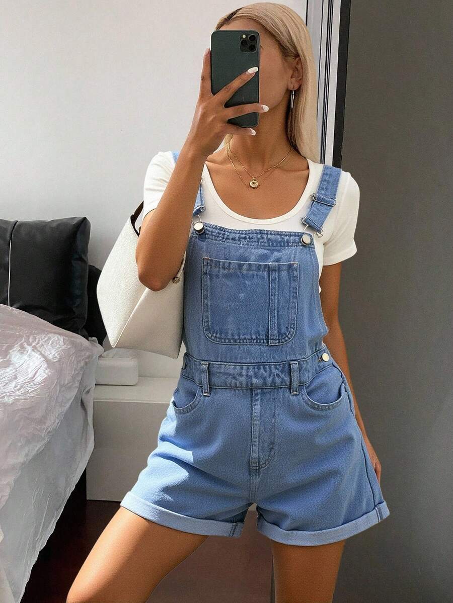 Livesso 捲邊牛仔背帶連身褲,無內搭t恤 - 淺色水洗藍 - 查看 1