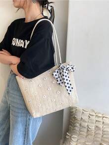 Túi cói mùa hè dành cho nữ, Túi đi biển dệt hoa tươi tắn và đơn giản, Túi tote đeo vai đơn thời trang. - Nhiều màu - Xem 4