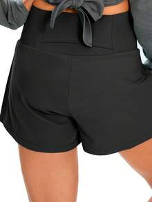 1pc Plus Size Women Loose Yoga Solid Color Shorts, Outdoor & Indoor Dual-Wear, Suitable For Fitness, Pilates, Cycling, Hiking, Running, Shark Skin Nylon Fabric, Elastic Waistband With Phone Pocket, Versatile & Comfortable Summer Activewear - Black - View 5