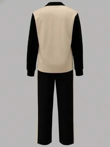 Conjunto casual de mujer, blusa suelta con cuello y pantalones de pierna ancha, conjunto de 2 piezas, otoño/invierno primavera - Albaricoque + negro - Ver 5