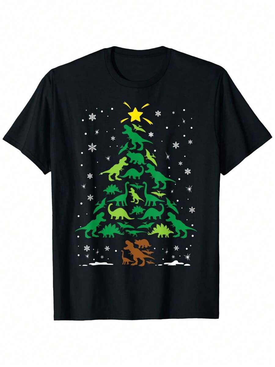 Dinosaur Trex Lovers Holiday Family Matching Christmas Tree T-Shirt, 100% Cotton, Holiday Casual Tshirt, E5 Gift For Friends And Family, Black, S-XXXL - Black - View 1