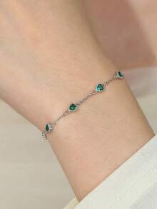1pc Luxury 925 Sterling Silver Cubic Zirconia Heart Pendant Bracelet, Emerald Green High-End Fashion Jewelry, Adjustable Chain Anklet, Elegant Jewelry Gift For Friends, Mothers, Wives, Daughters, Christmas, Birthday, 1.45g/0.051oz - White Gold - View 7