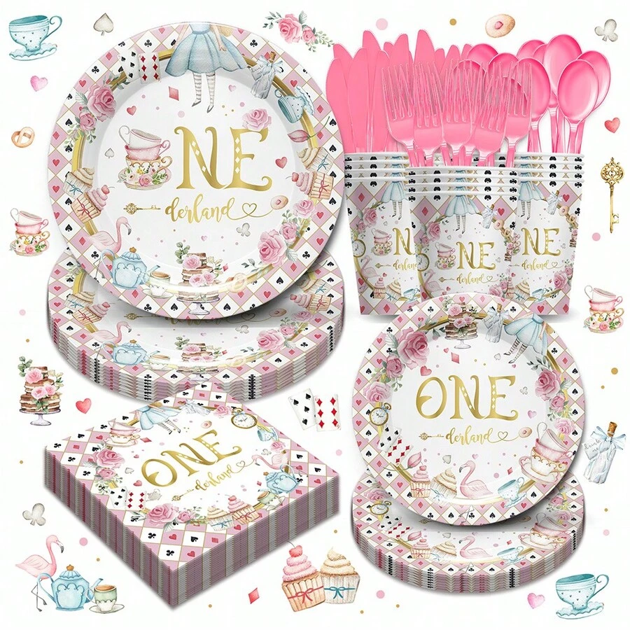 168pcs Onderland First Birthday Party Supplies - 1st Princess Tea Birthday Decorations WIth Pink Plates, Napkins, Cups, Cutlery, Girls One Year Old Tea Baby Shower Decorations | Serves 24 - lưới kim cương - Xem 1
