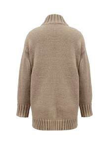 时尚女式针织长袖高领宽松毛衣裙，罗纹针织细节，长款，略有弹性，秋冬 - 卡其色 - 查看 3