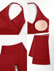 NcmRyu 1 Set Women's Sexy Halter Deep V-Neck Backless Shaping Flared Sports Suit - 紅色 - 查看 4