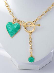 1pc Fashionable 3D Alloy Coated Turquoise Heart Pendant & Turquoise Teardrop Pendant Necklace - Turquoise - View 5