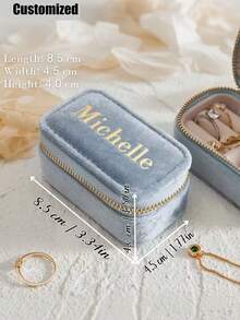 1pc Personalized Velvet Jewelry Box, Customizable Travel Jewelry Storage Box, Elegant Bridesmaid Gift, Birthday Gift For Her, Mother's Day & Valentine's Day Memento, Rectangular Zipper Design, Travel Jewelry Storage, Elegant Memento, Zipper Box, Jewelry Box