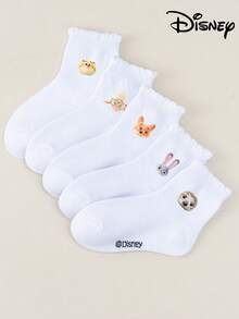 Disney 迪士尼 1/5 双装 疯狂动物城卡通联名款，朱迪、尼克、博戈局长、贝尔韦瑟副市长儿童中筒护腿套，荷叶边护腿套，蕾丝边护腿套，白色护腿套，儿童踝部护腿套，男女童均适用 - 彩色 - 查看 5