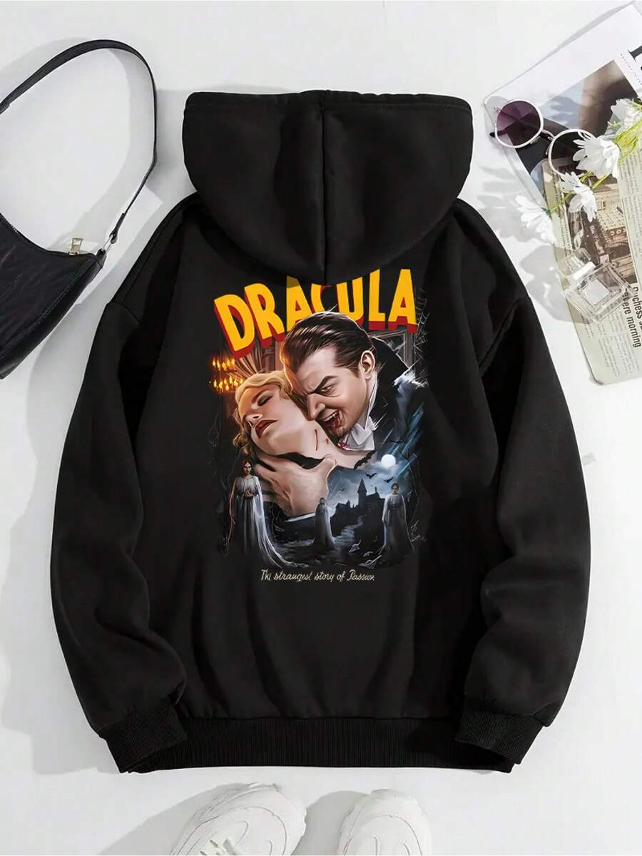 Women's Gothic Dracula Vampire Hoodie - Black, Printed With Iconic Quotes And Characters From Bram Stoker's Novels, Comfortable Winter Pullover Sweatshirt, Machine Washable, Suitable For Horror Fans' Party Outfits Or Daily Wear - 黑色 - 查看 1