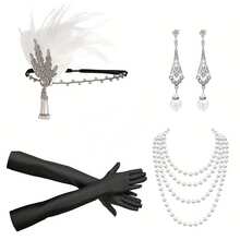 20 世纪 20 年代婚礼/派对头饰套装，包括头带、仿珍珠项链、手套、复古锌合金配饰，适合万圣节舞会