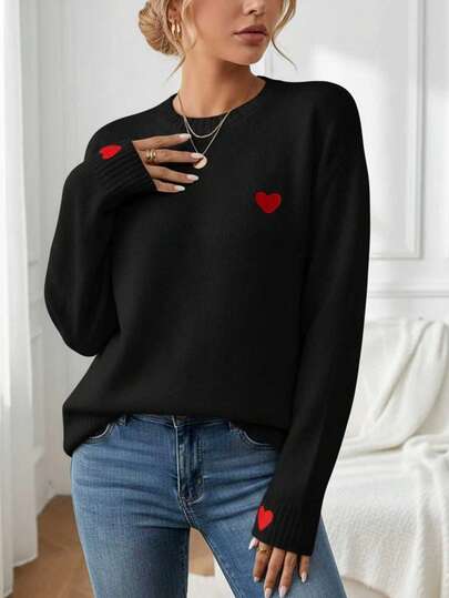 Women's Round Neck Valentine's Day Heart Pattern Drop Shoulder Sweater, Versatile Round Neck Long Sleeve Pullover Sweater, Elegant Design, Soft And Breathable, Suitable For Autumn/Winter Season And Daily Wear