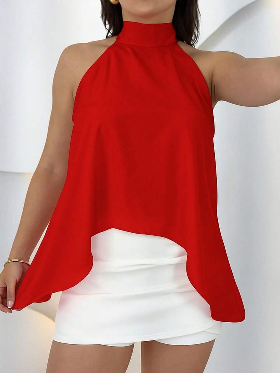 Women's Blouse With High Neck And Asymmetrical Neck Tie - 紅色 - 查看 1